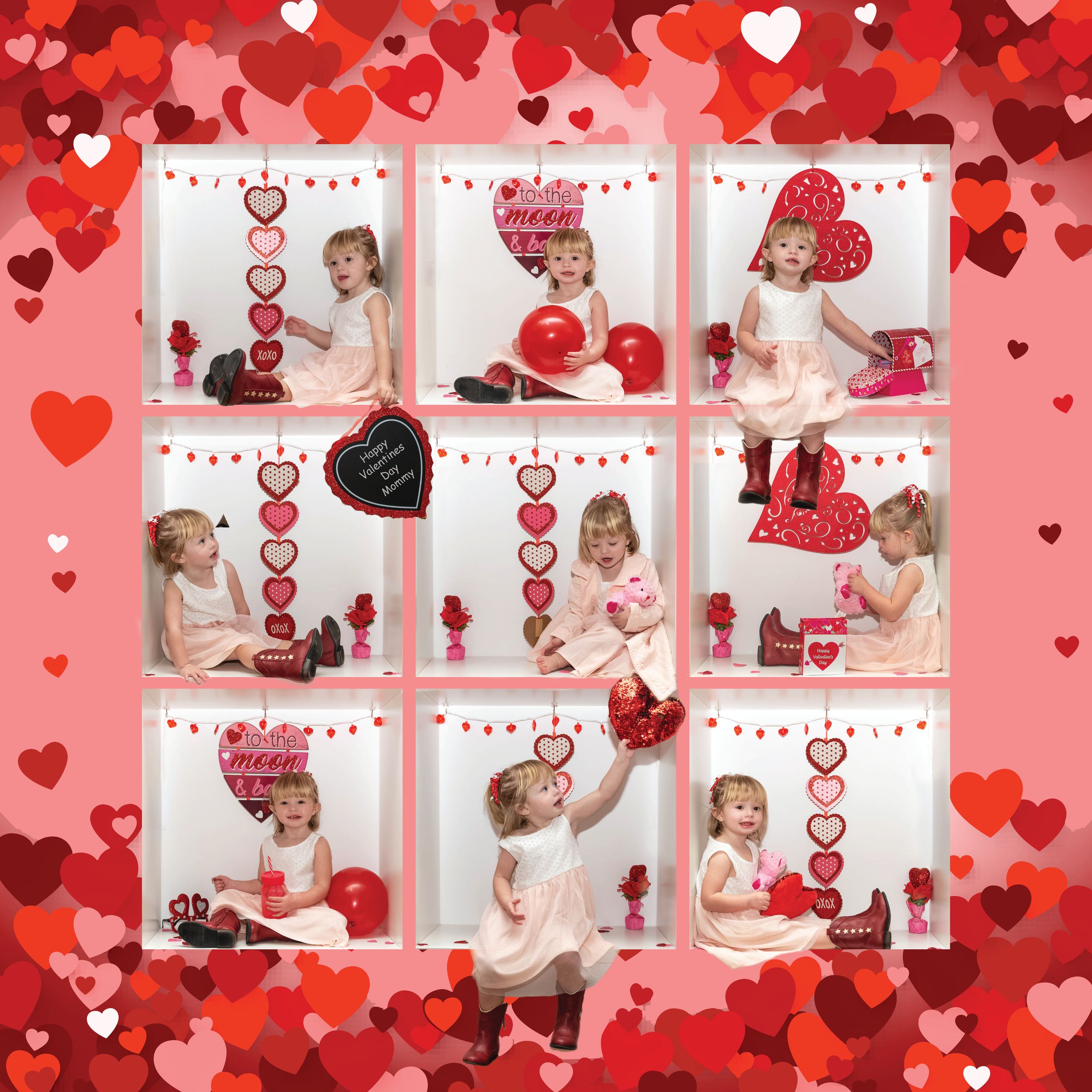 A festive Valentine's Day themed banner with red hearts and white decorative elements against a pink background.