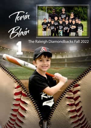 Youth baseball team photo composite featuring team picture and player portrait with baseball zipper design background.