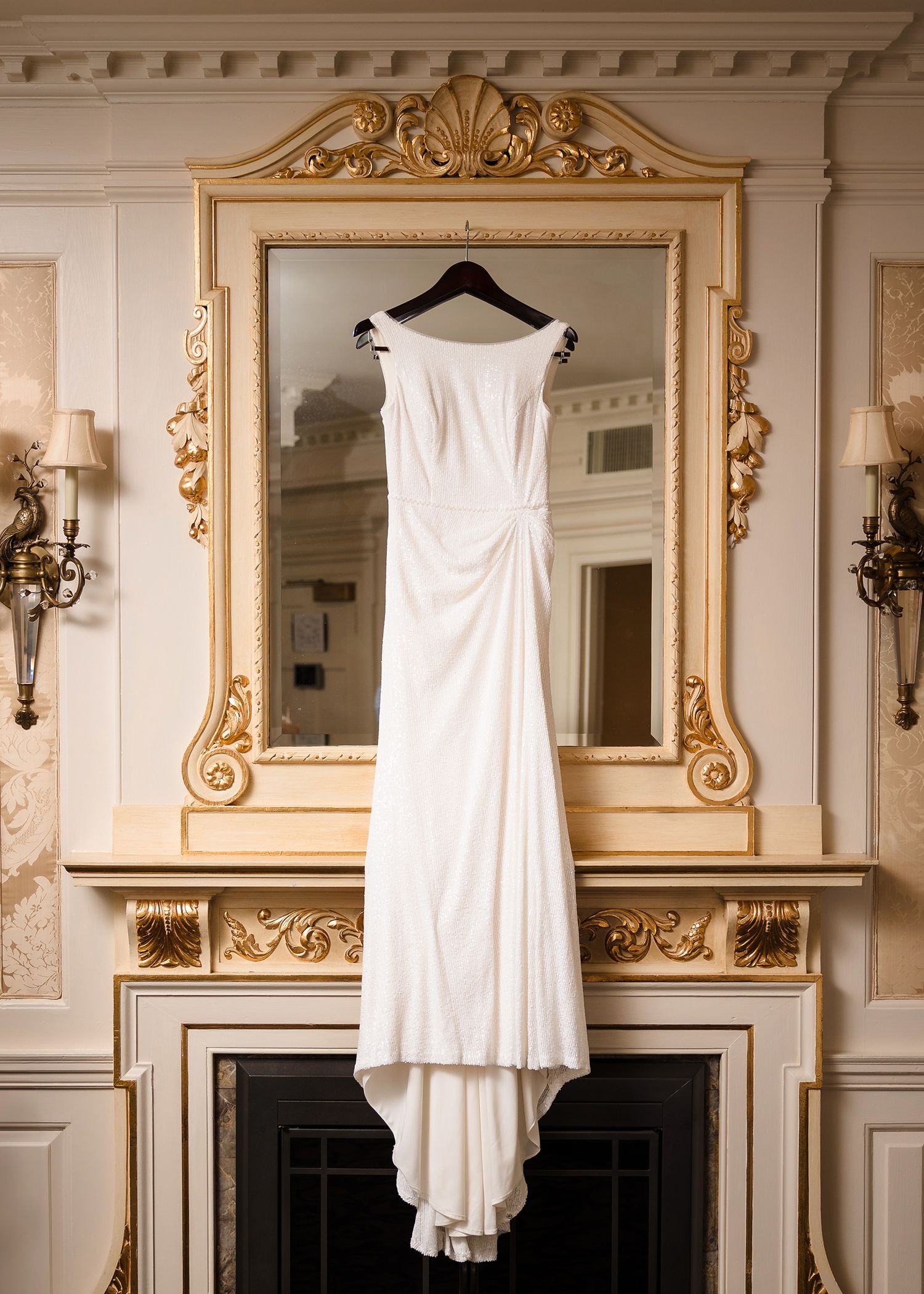 Bridal gown detail in Judy Garland Suite at Lenox Hotel Boston with elegant interior decor