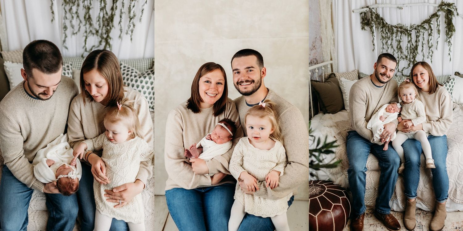 A collage of cozy family portraits shows intimate moments on a white couch with neutral-toned clothing.