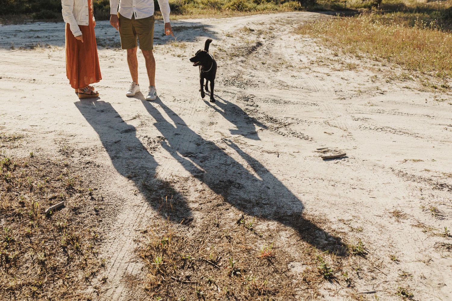 Shadows of couple and dog walking on sandy path during engagement session in Portugal coast