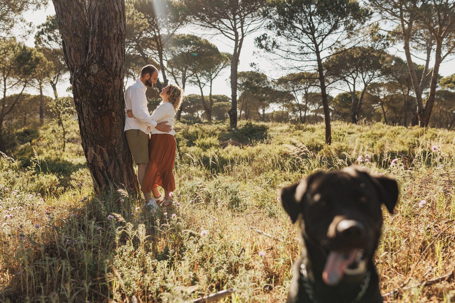 Dog in foreground with couple in background during relaxed engagement photoshoot Portugal