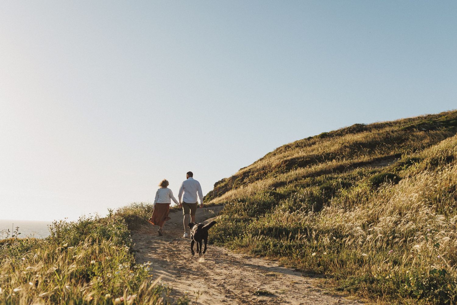 Minimal romantic portrait of couple in tall grass with soft light Portugal engagement photos