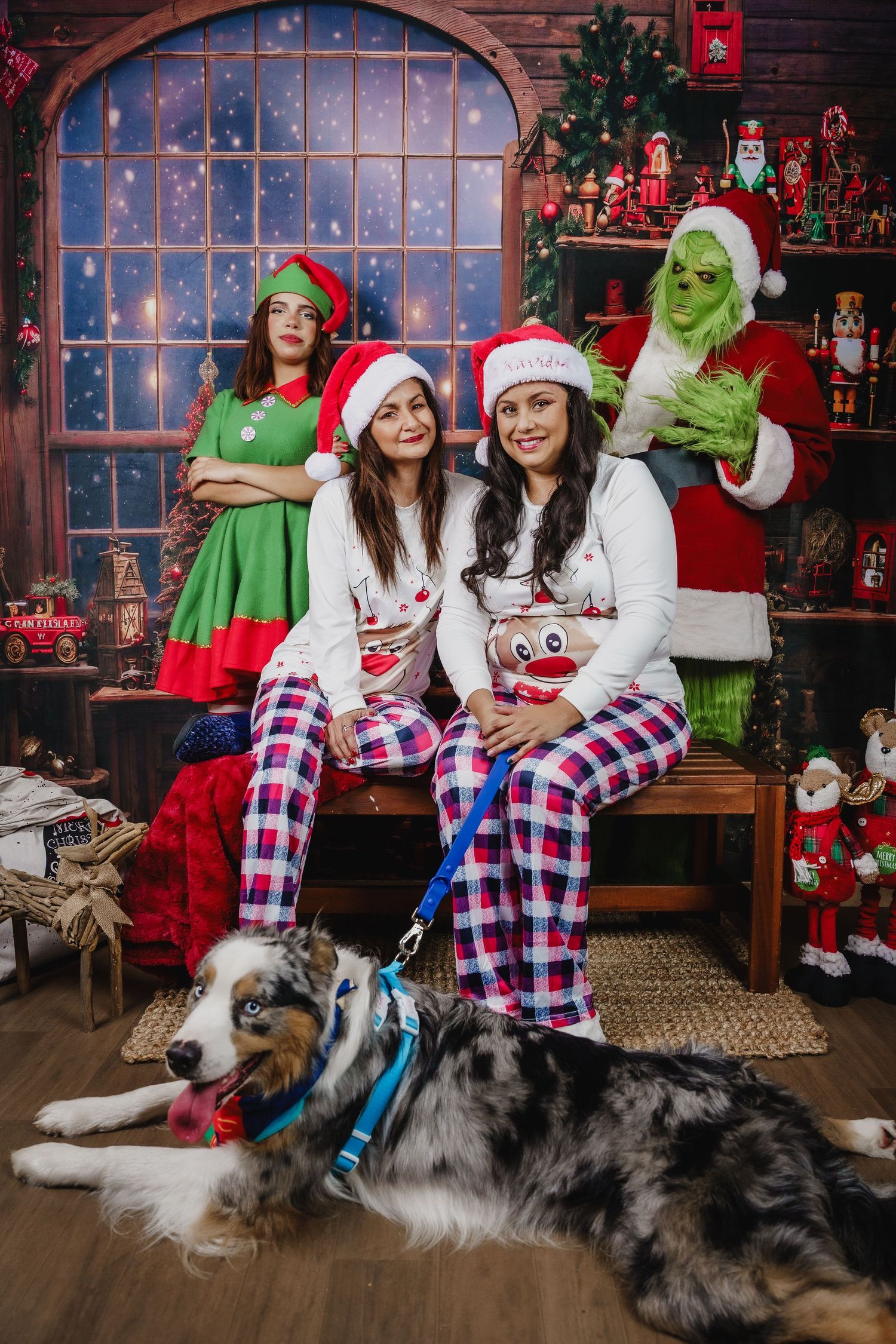 Holiday portrait with Grinch characters and dogs in festive Christmas setting.