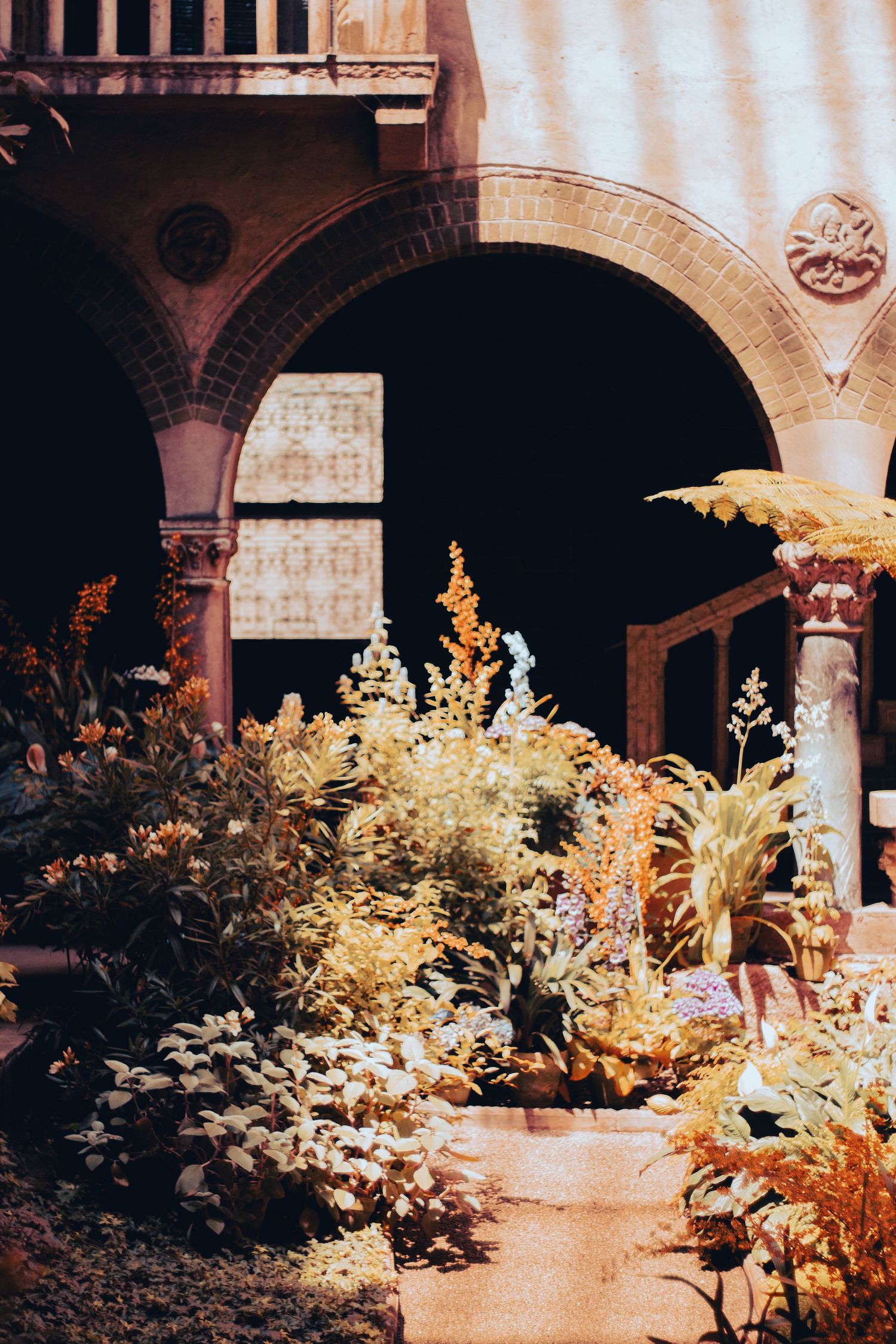 Illuminated garden displays featuring ornamental plants and flowers beneath arched architectural elements at night.