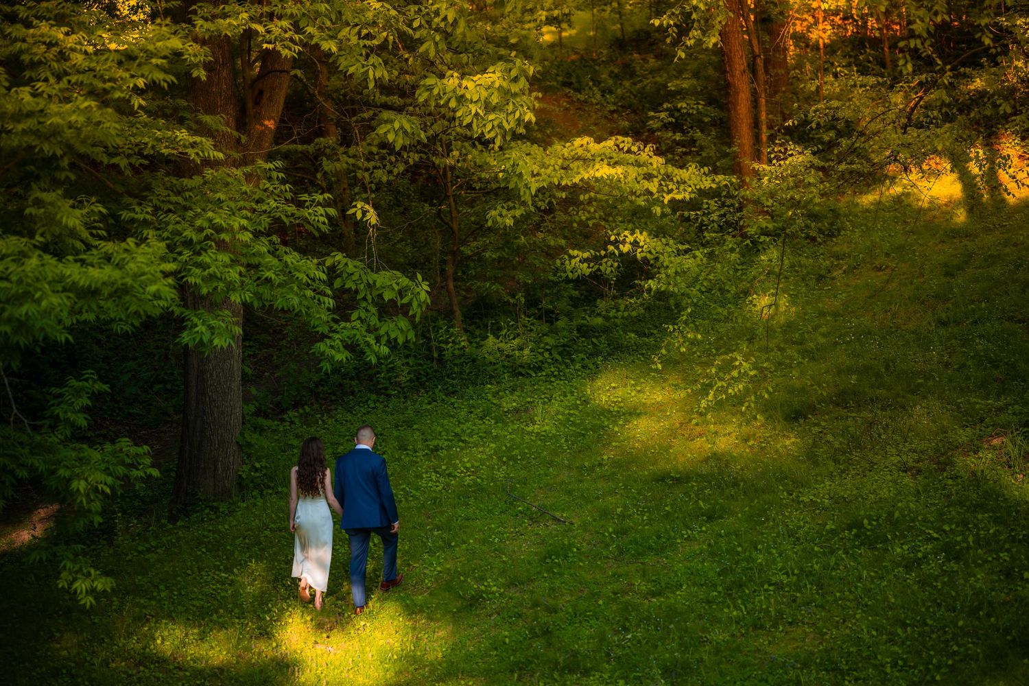 Bride and groom walking hand in hand through lush green forest at golden hour.