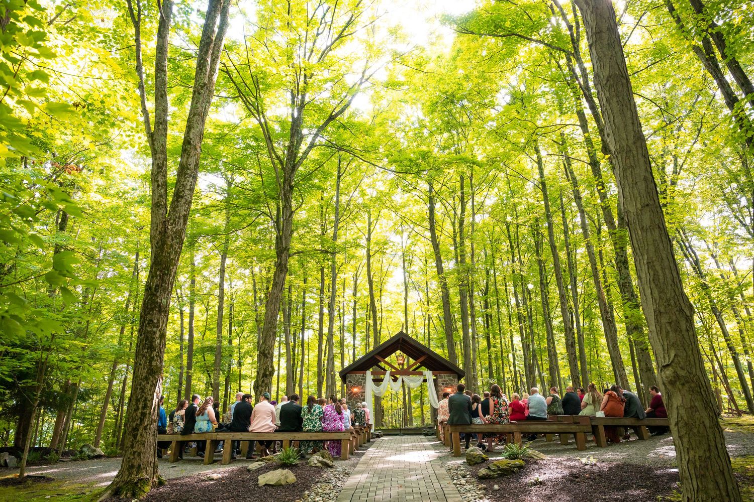 Outdoor wedding ceremony in a lush green forest with guests seated on wooden benches around a rustic wooden altar.