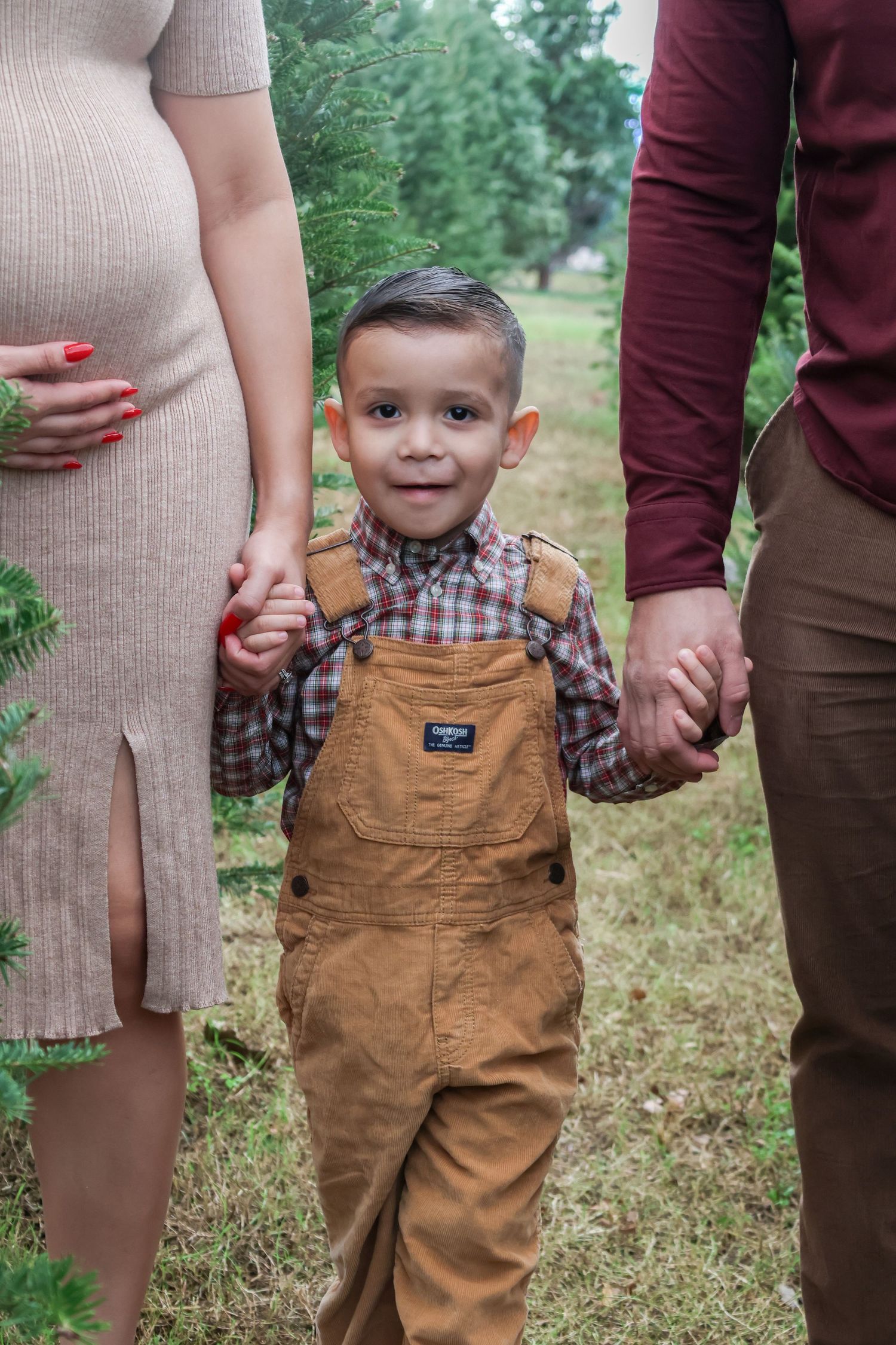 Smiling toddler boy in OshKosh overalls holding hands with parents between evergreen trees outdoors.