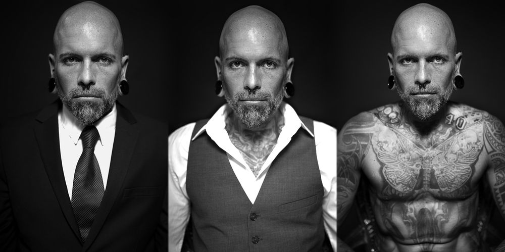 Triptych black and white portrait of a bald tattooed man in three different outfits and styles.