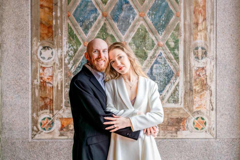 Editorial style engagement portrait at Bethesda Fountain in Central Park