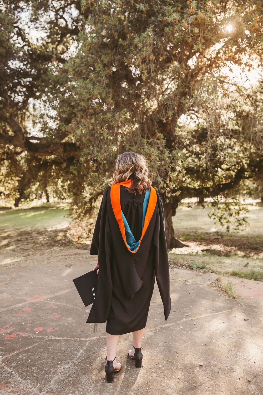 Graduate in black gown with orange and teal hood holds cap while walking toward sunlit oak tree.