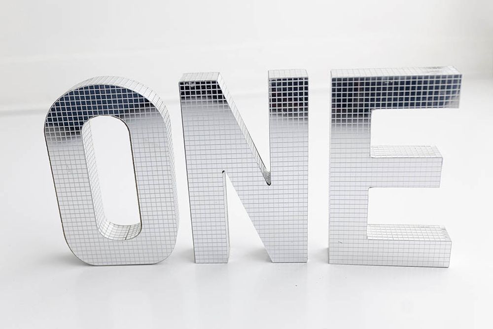 Mirrored mosaic silver ONE letter signs with reflective tile finish for birthday; Cake Smash Photographer in Temecula.