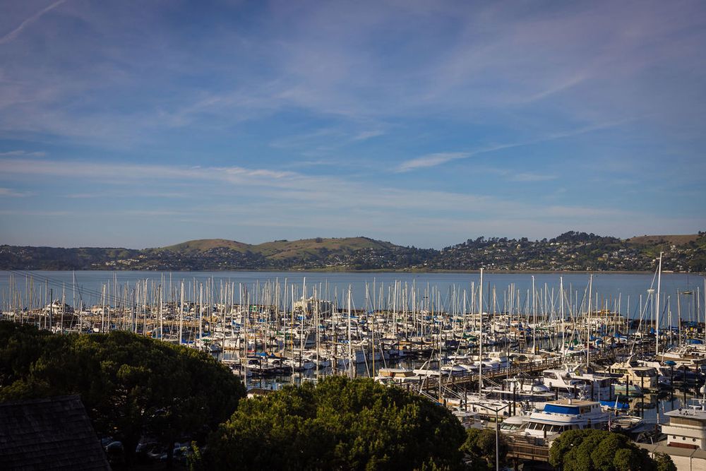 Scenic marina with sailboats docked under blue skies, overlooking rolling hills across the bay.