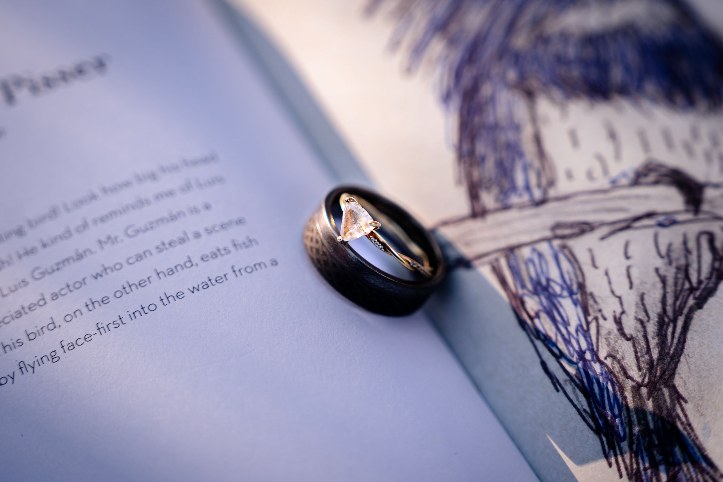 A gold and black wedding band ring resting on an open book with illustrated pages.