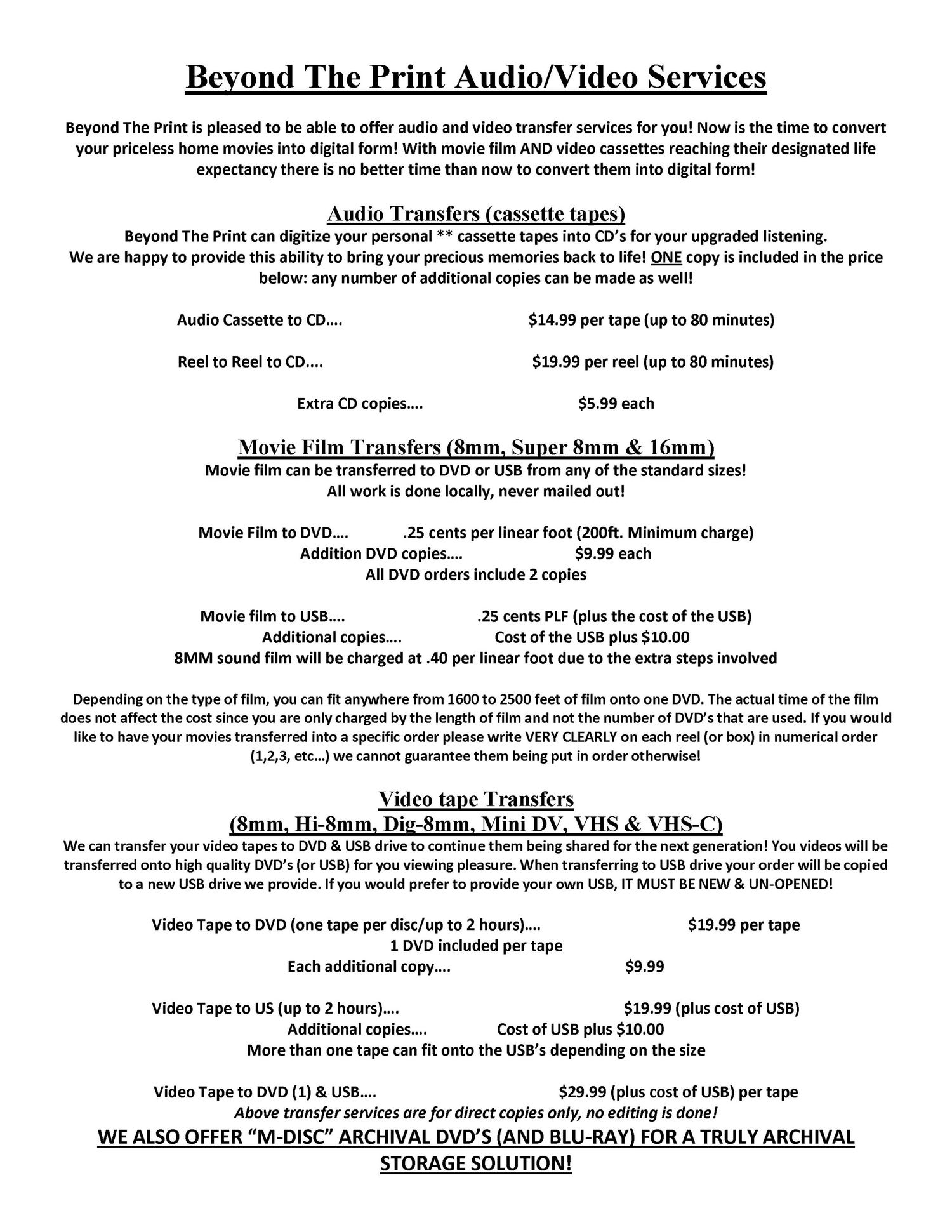 Beyond The Print Audio/Video Services flyer listing cassette, film, and video transfer pricing options.