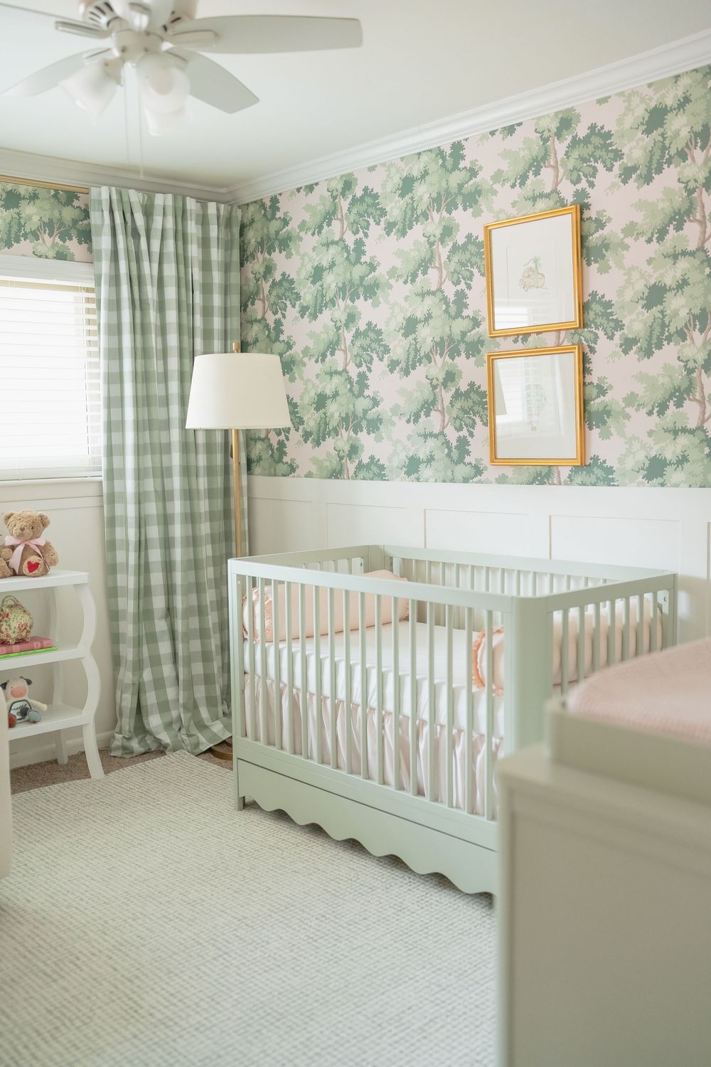 baby girl nursery pink and green color, neutral tones