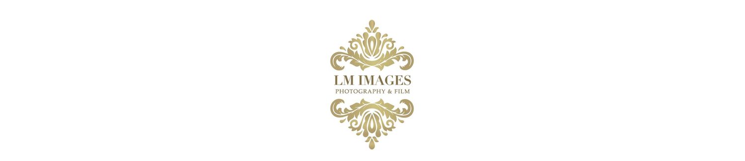 LM Images elegant gold ornamental wedding photography logo on white background.