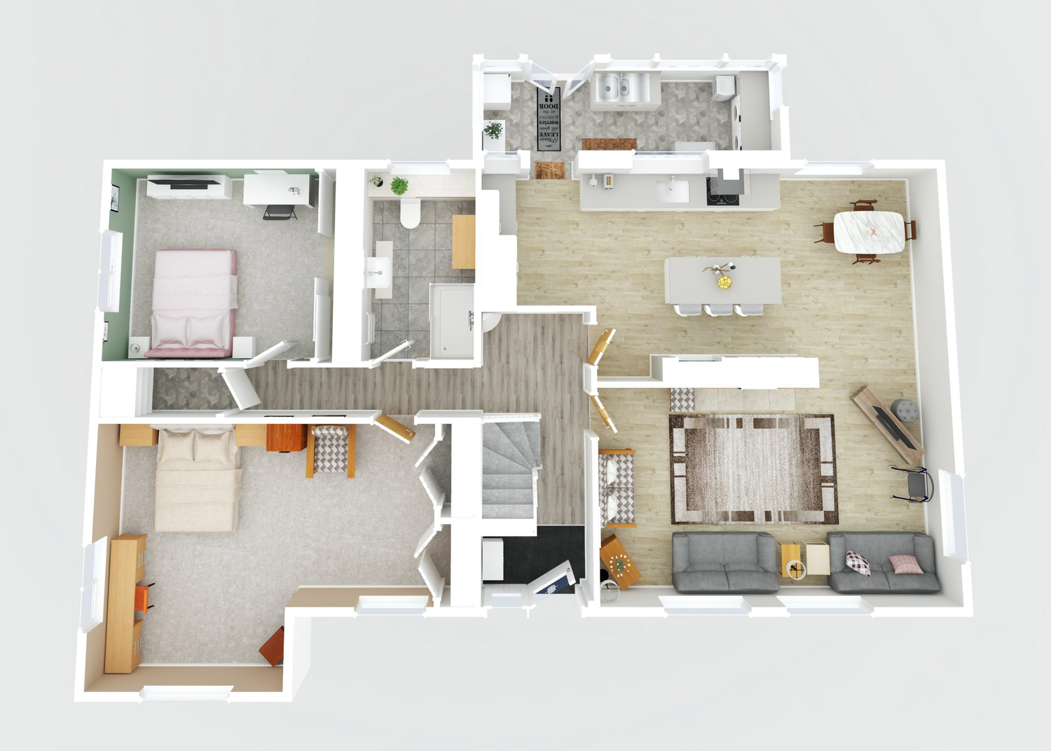 3D floor plan rendering of a modern apartment with open concept living spaces and multiple bedrooms.