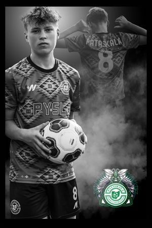 Black and white athletic photo showing soccer player in a patterned jersey holding ball with misty atmospheric effects.