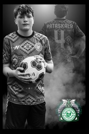 Artistic black and white soccer photo showing player in patterned jersey holding ball with team crest overlay.