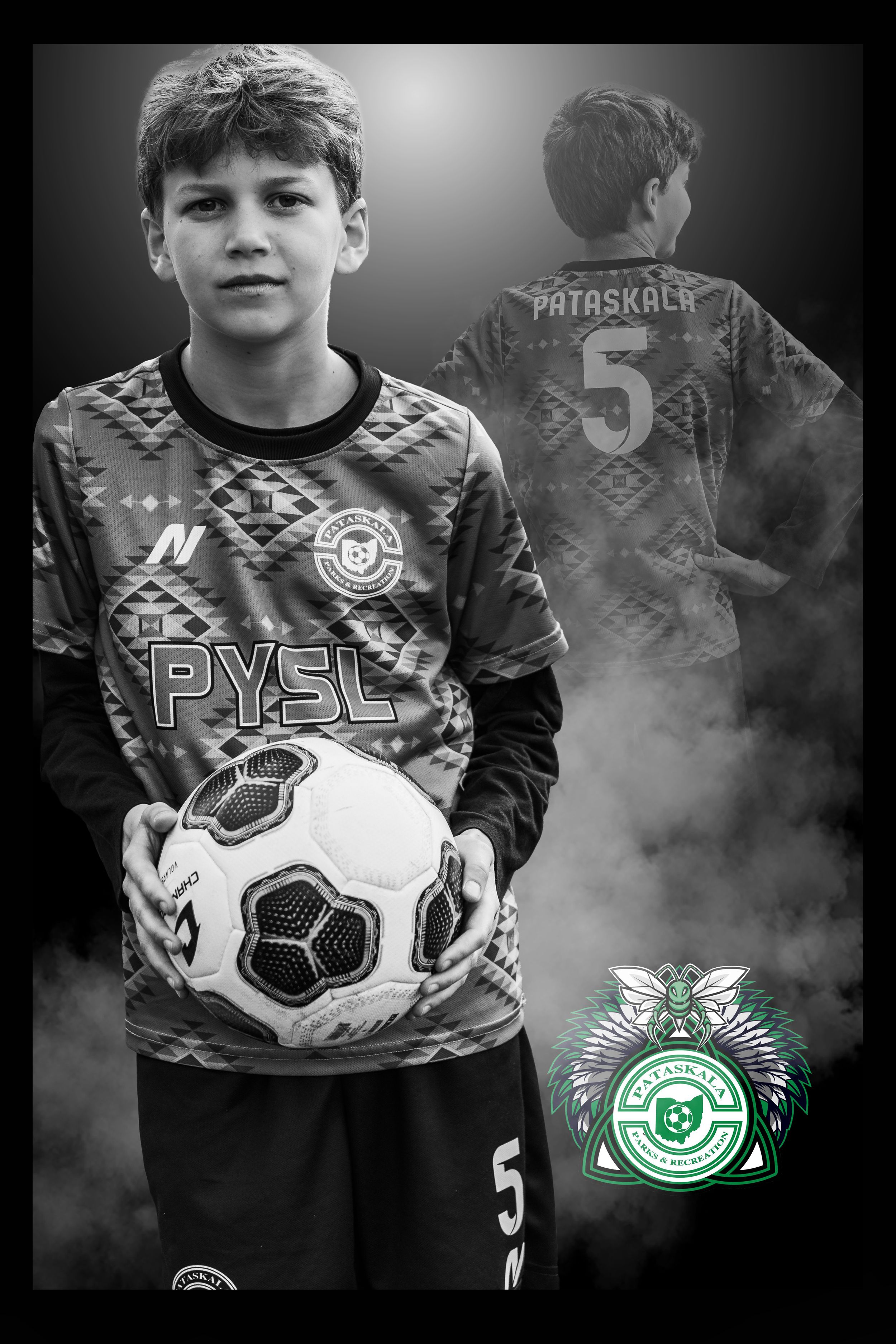 Several black and white photos show a young soccer player holding a ball while wearing jerseys with different team logos.