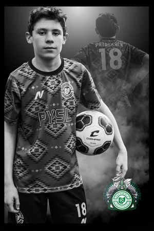 A black and white photo sequence showing a soccer player in a patterned jersey posing with a ball against a smoky background.