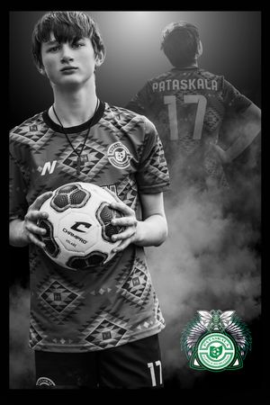 Four grayscale sports photos showing soccer players in geometric patterned jerseys holding official match balls.