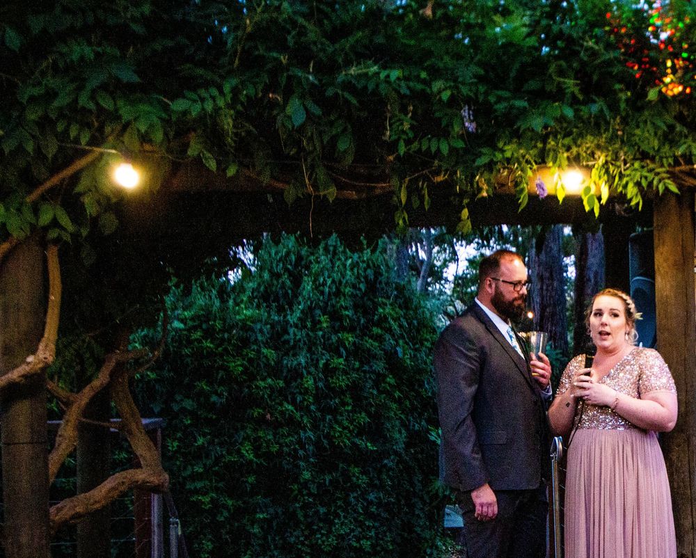 Evening wedding ceremony with outdoor lighting and greenery backdrop.