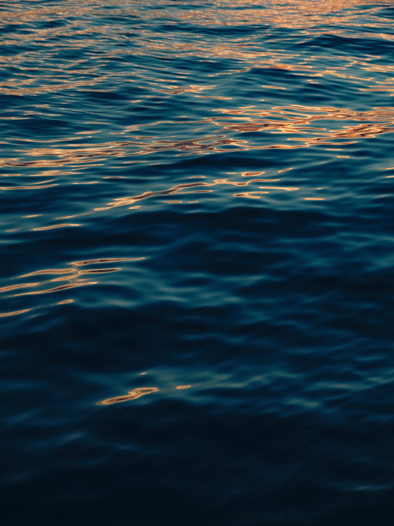Deep blue ocean water reflects orange and golden sunset colors on its rippling surface, creating a mesmerizing pattern.