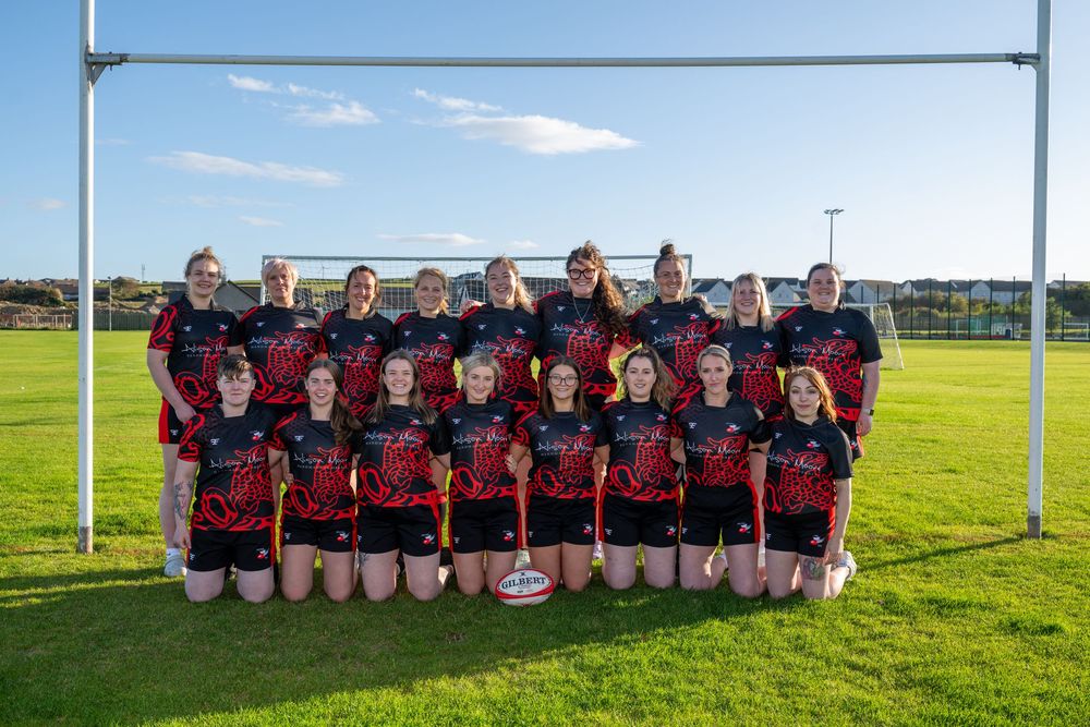 Rugby team in red and black jerseys poses together on sunny field with goal posts in background.