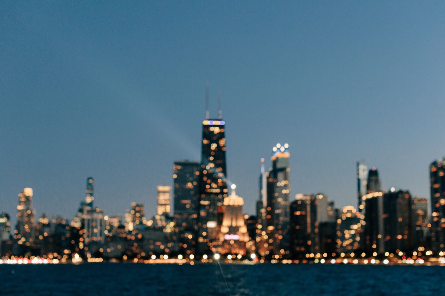 Intentional blur of Chicago skyline at dusk. View from North ave beach