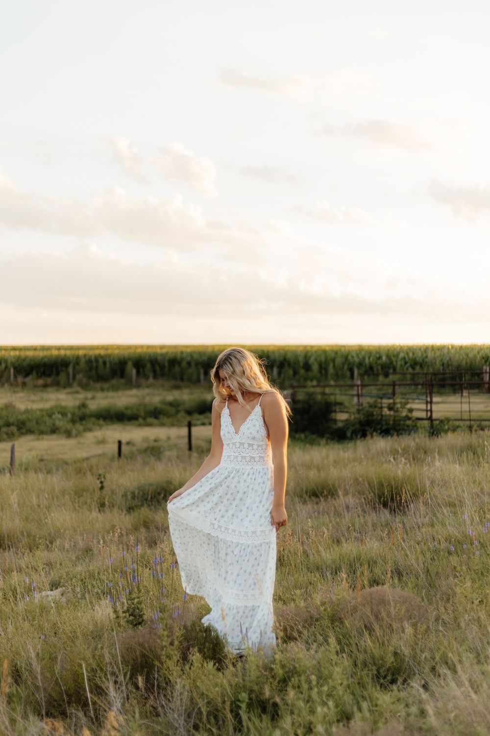 A flowing white dress moves gracefully through a golden prairie field at sunset.