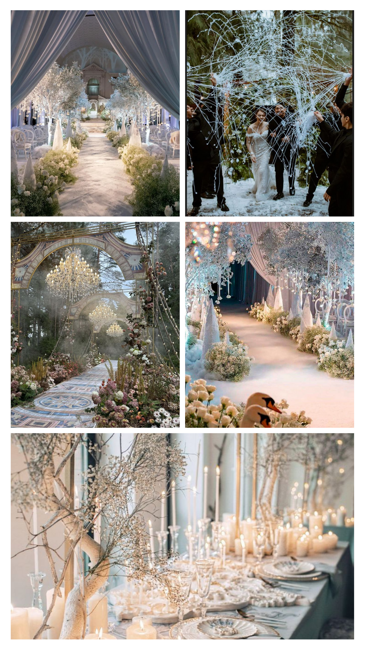 Winter wonderland wedding theme with crystal chandeliers, white floral arrangements, and sparkly decorative elements.