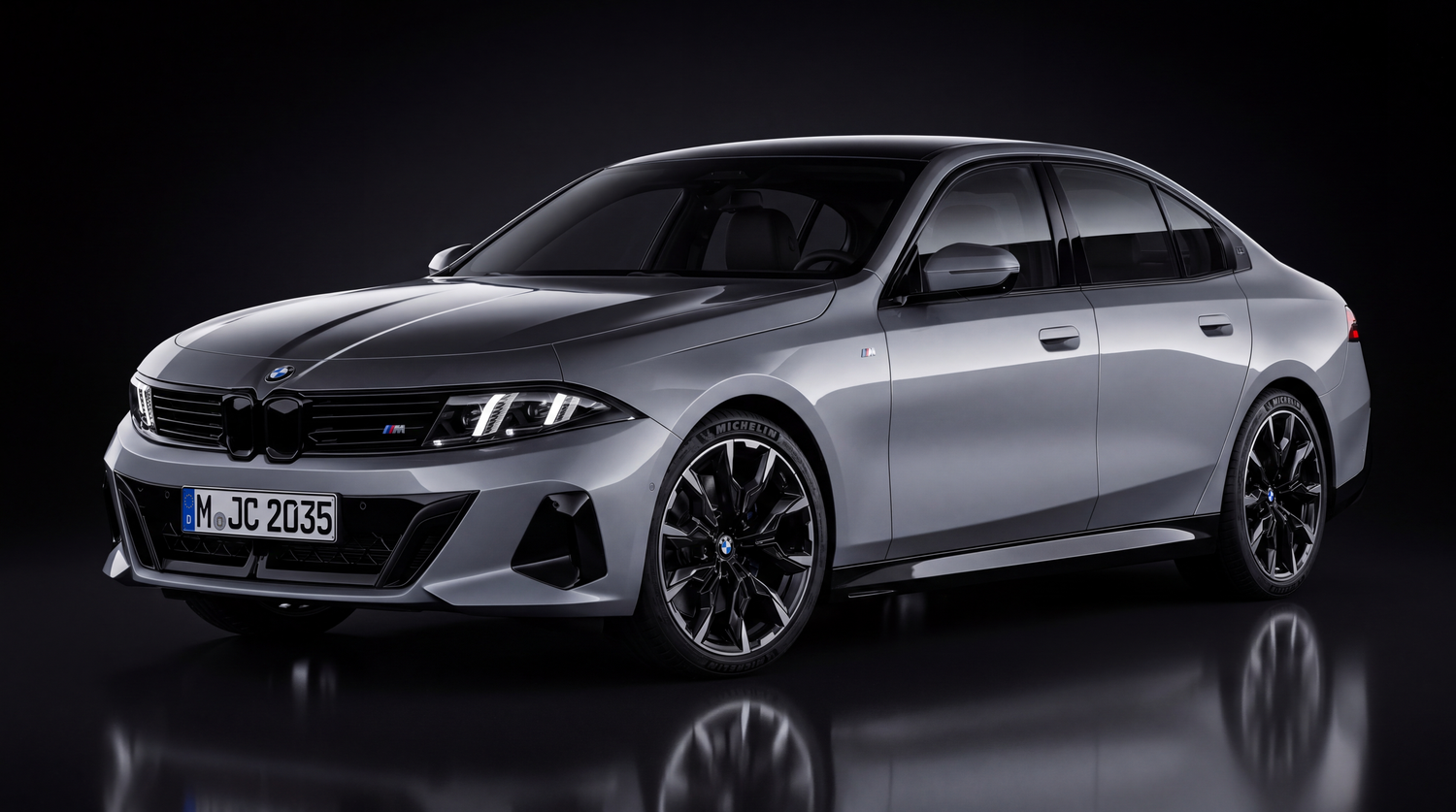 Modern Peugeot sport sedan in metallic gray photographed near a bridge against cloudy skies.