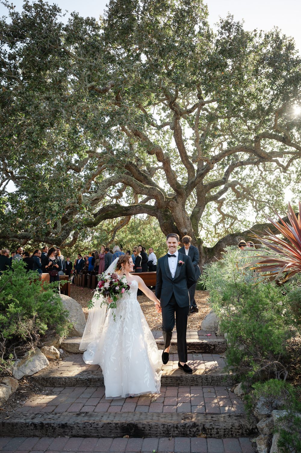 Bride and groom walk hand-in-hand down stone steps beneath a sprawling oak tree at an outdoor wedding ceremony.