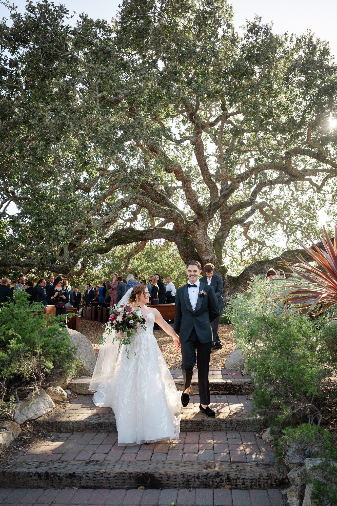 Bride and groom walk hand-in-hand down stone steps beneath a sprawling oak tree at an outdoor wedding ceremony.
