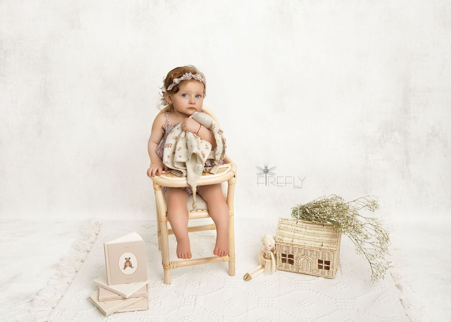 Small child in a beige sweater stands playfully beside flowing white curtains on a wooden floor.