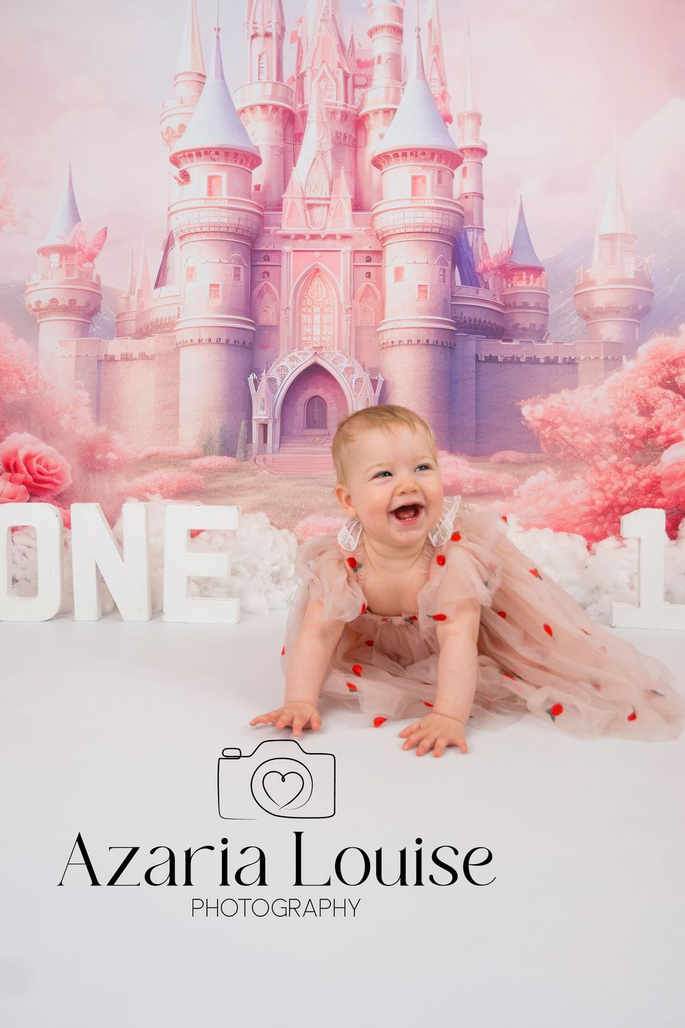 A dreamy pink fairytale castle backdrop with a photographer's logo and baby wearing a tulle dress sitting in front of 'ONE' letters.