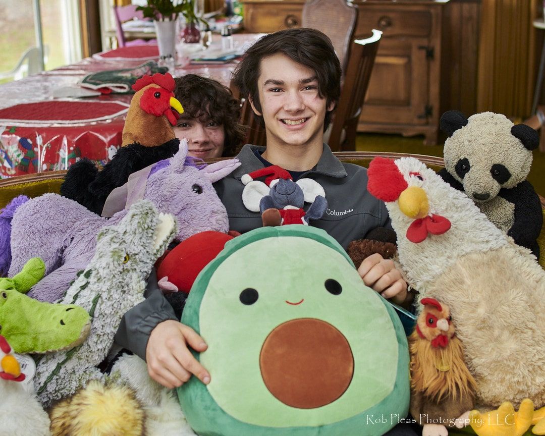 My middle son being photographed with stuffed animals all over him, while my oldest sneaks around back behind the couch to photobomb.