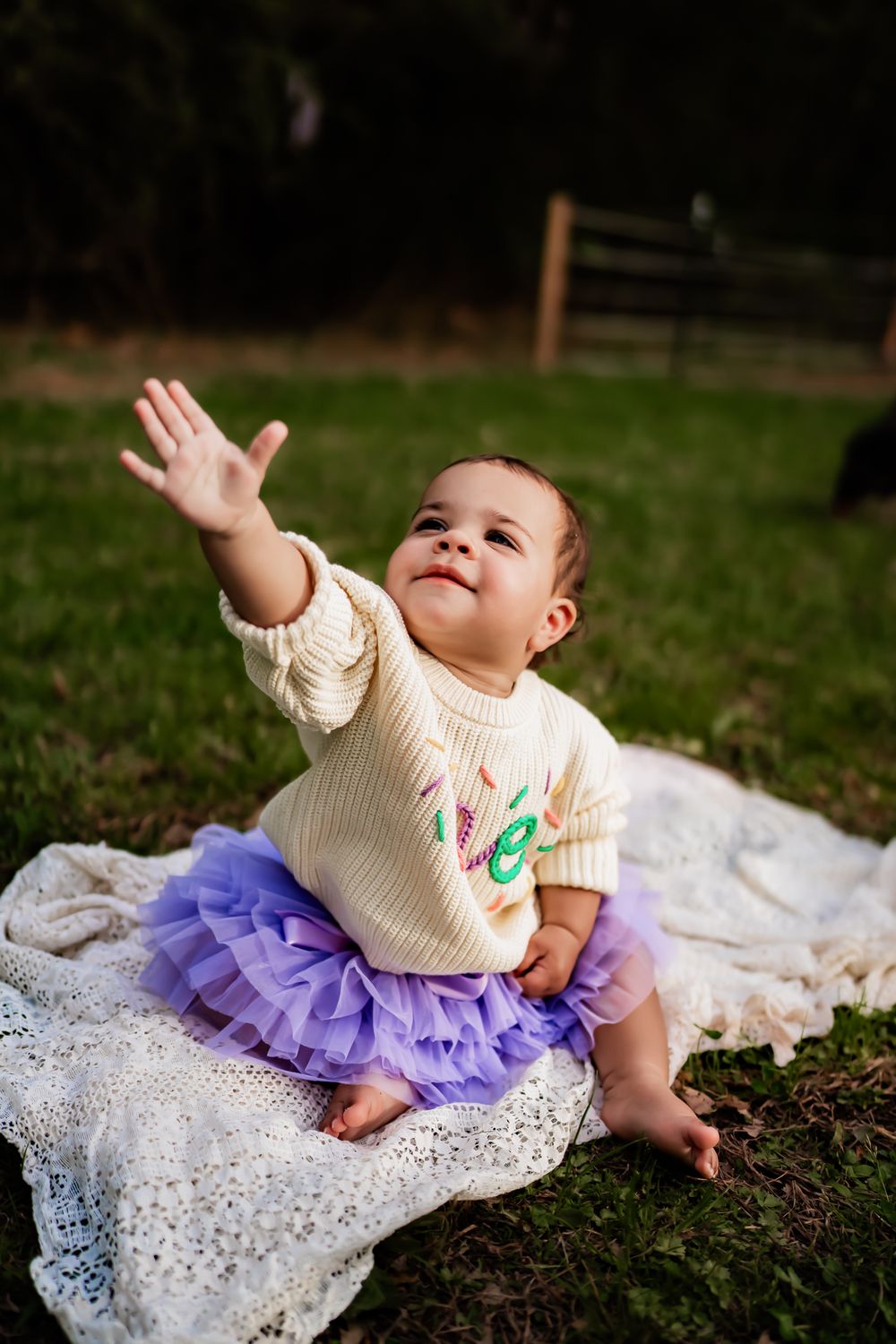 Baby wearing cream sweater and purple tutu reaches upward while sitting on lace blanket in grass.