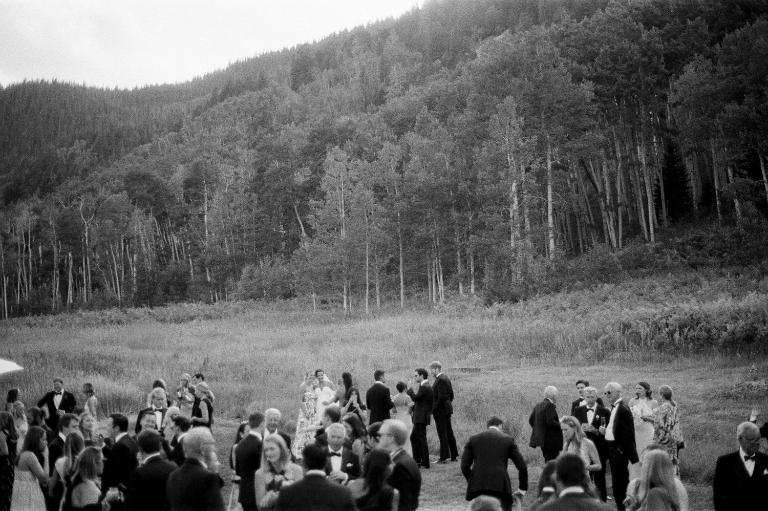 Black and white landscape of a mountain valley with forest and gathering of people, wedding at Beanos Cabin.