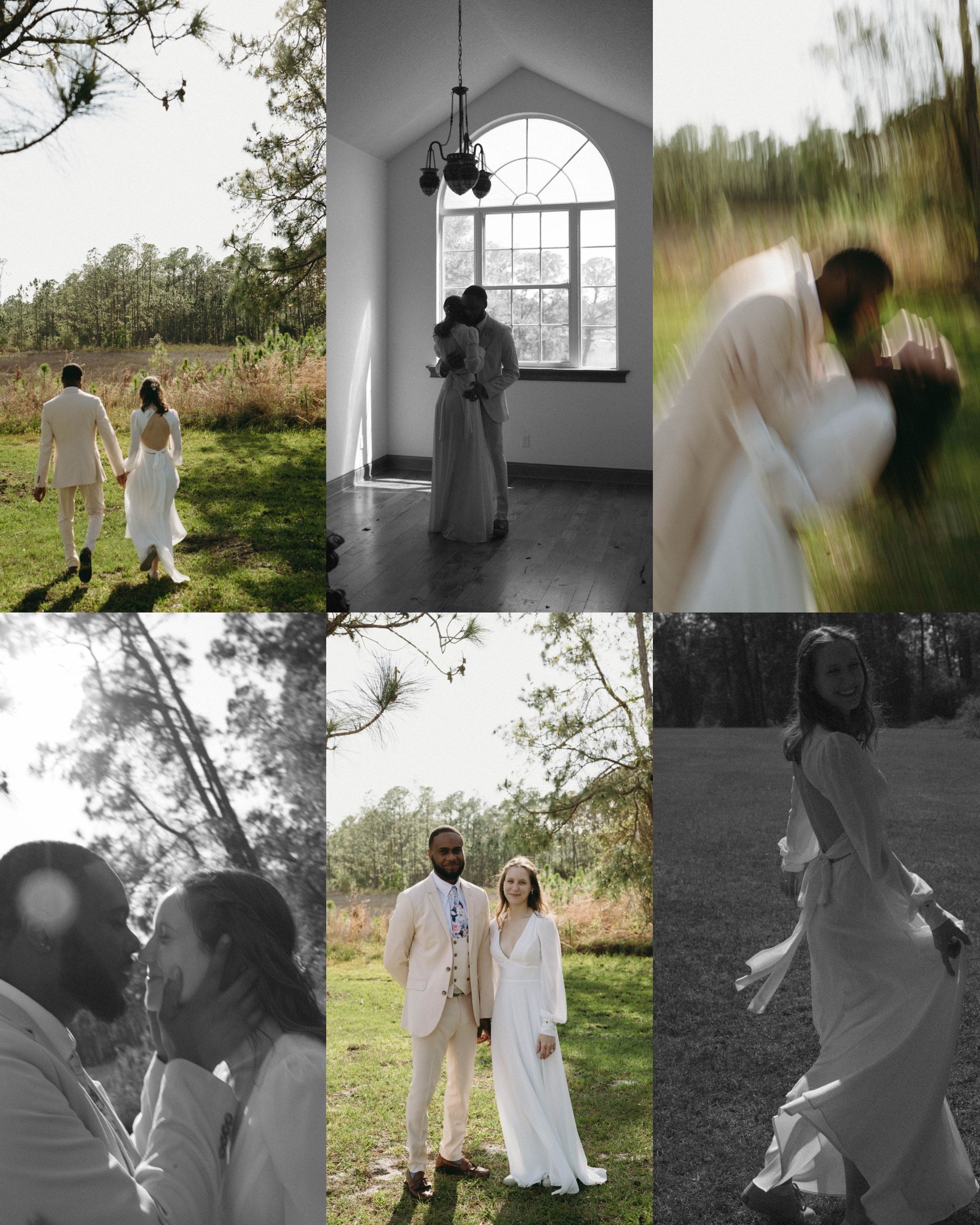 A romantic outdoor wedding photo collage featuring ethereal moments, natural lighting, and intimate poses in a rustic setting.