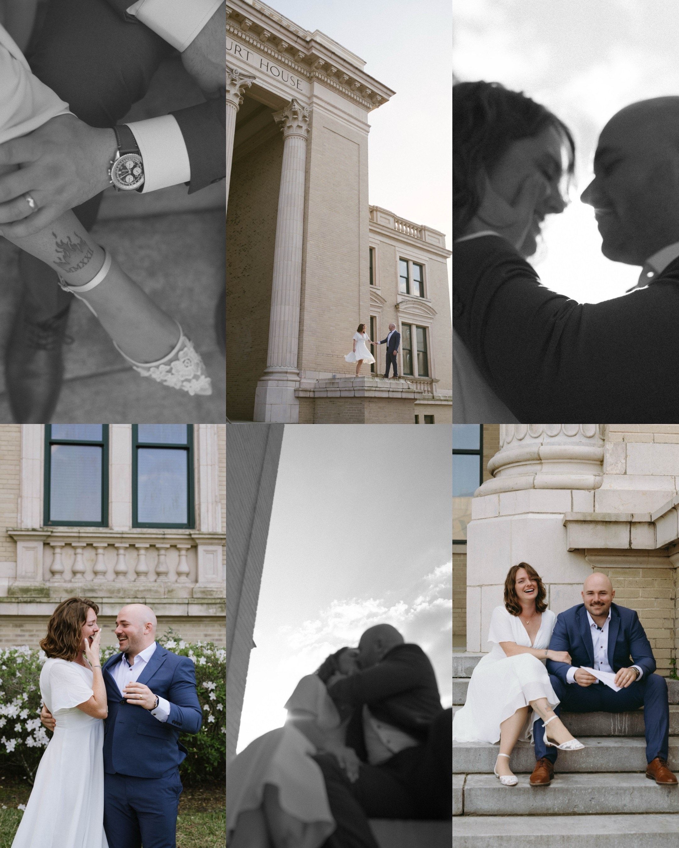 A romantic wedding photography collage showing intimate moments, architectural details, and a couple posed on stone steps.