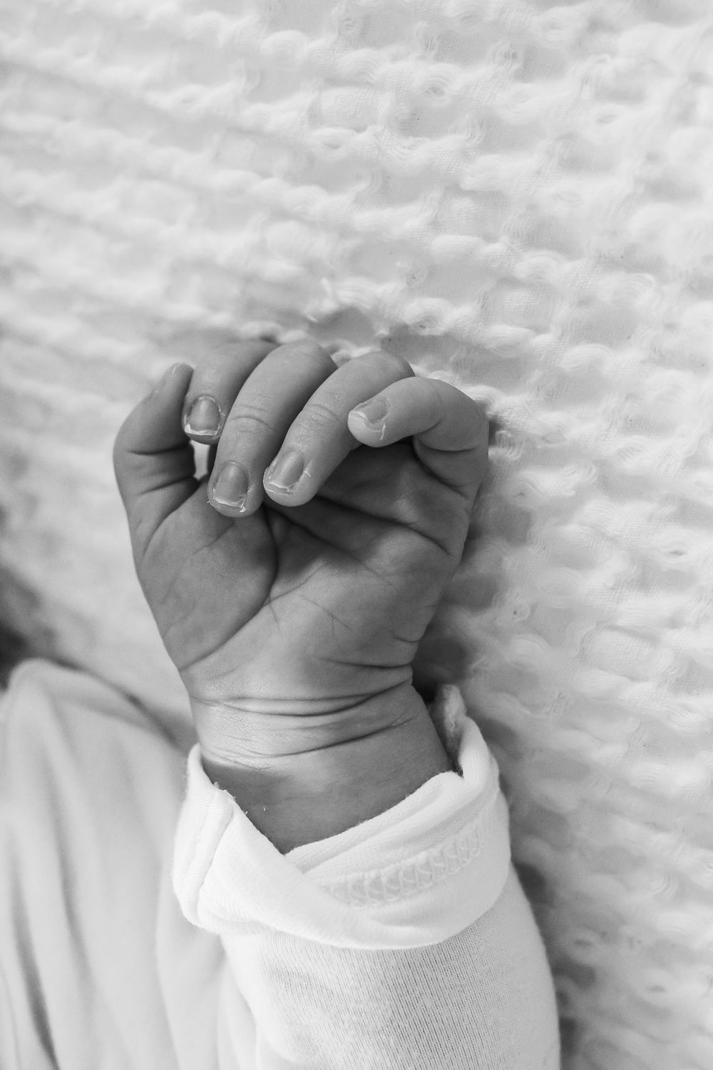 Close-up black and white photo of newborn baby hands wrapped securely in a white blanket.