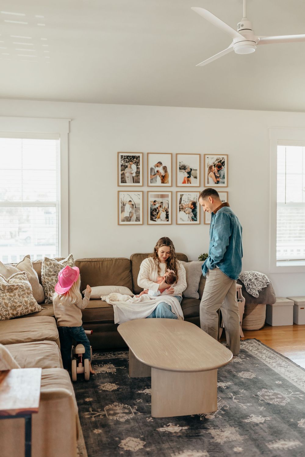 A sequence of lifestyle photos showing people relaxing in a modern living room with beige furniture and framed wall art.