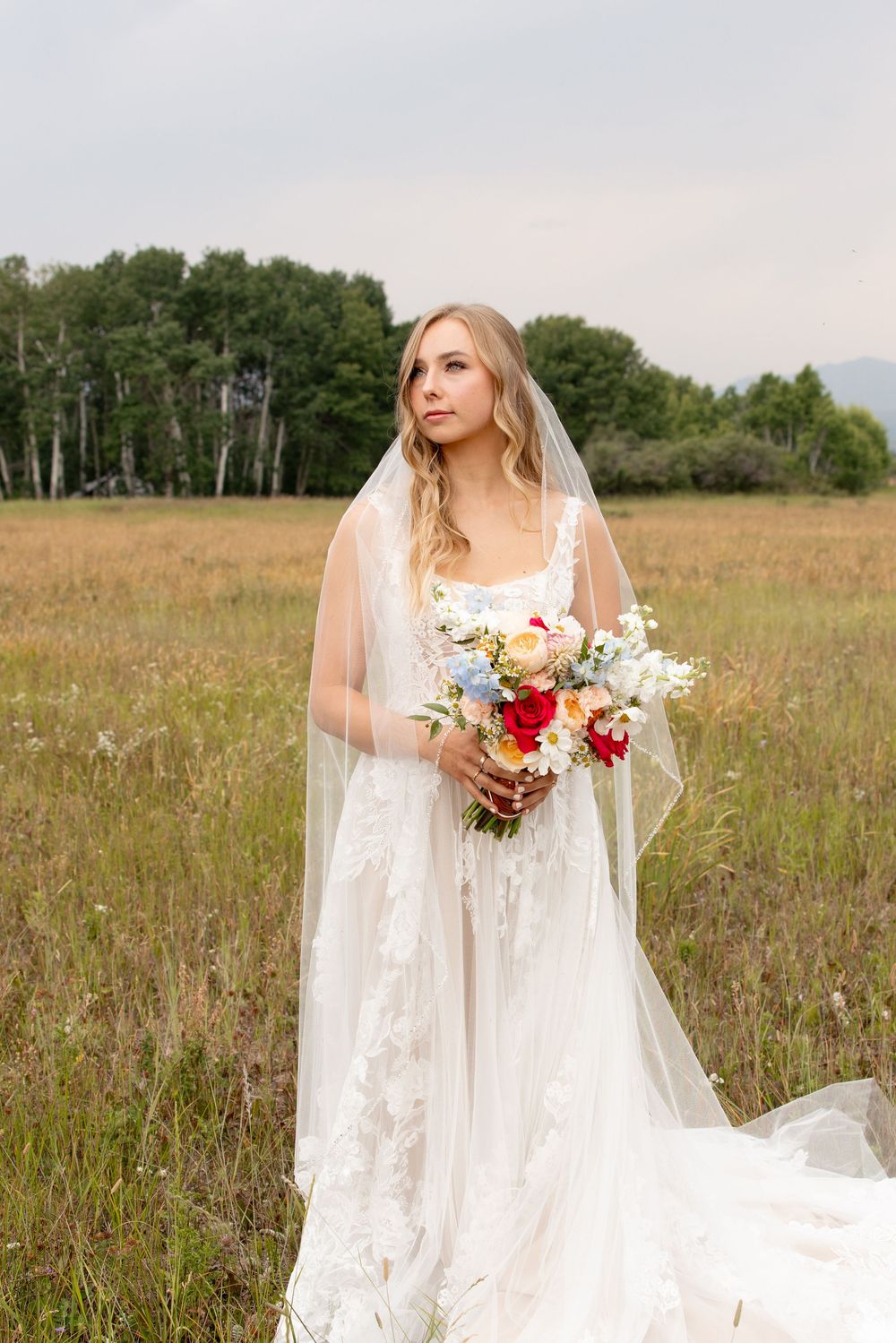 A bride in a flowing lace wedding dress holds a vibrant bouquet while standing in a rustic meadow with trees in background.