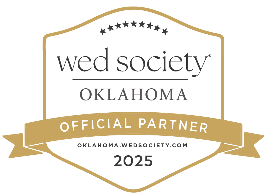 Wed Society Oklahoma official partner badge with gold banner and stars for 2025 wedding vendor certification.