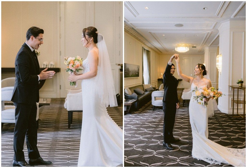 A wedding couple exchanges vows during their ceremony in an elegant hotel hallway.