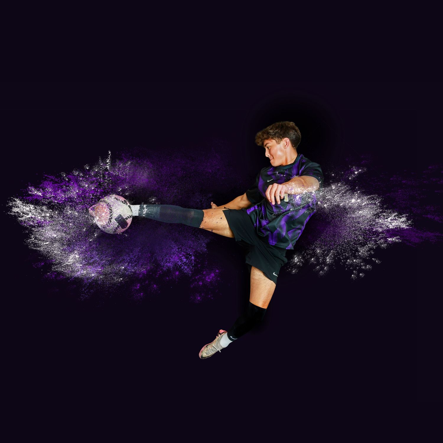 Artistic photo sequence showing a person leaping through purple powder creating dynamic motion trails against black background.