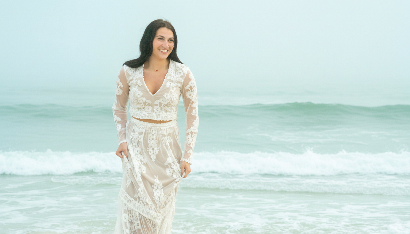 Person wearing white lace dress walking along beach with turquoise waves in background.